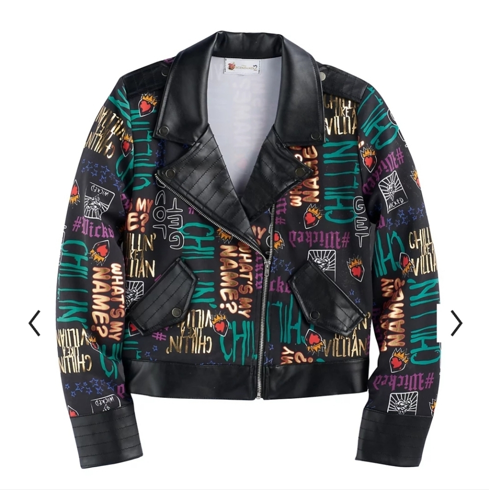 Disney D-Signed Descendents 2 Girl's Foil Printed Text Moto Jacket, Sz Med 10/12
